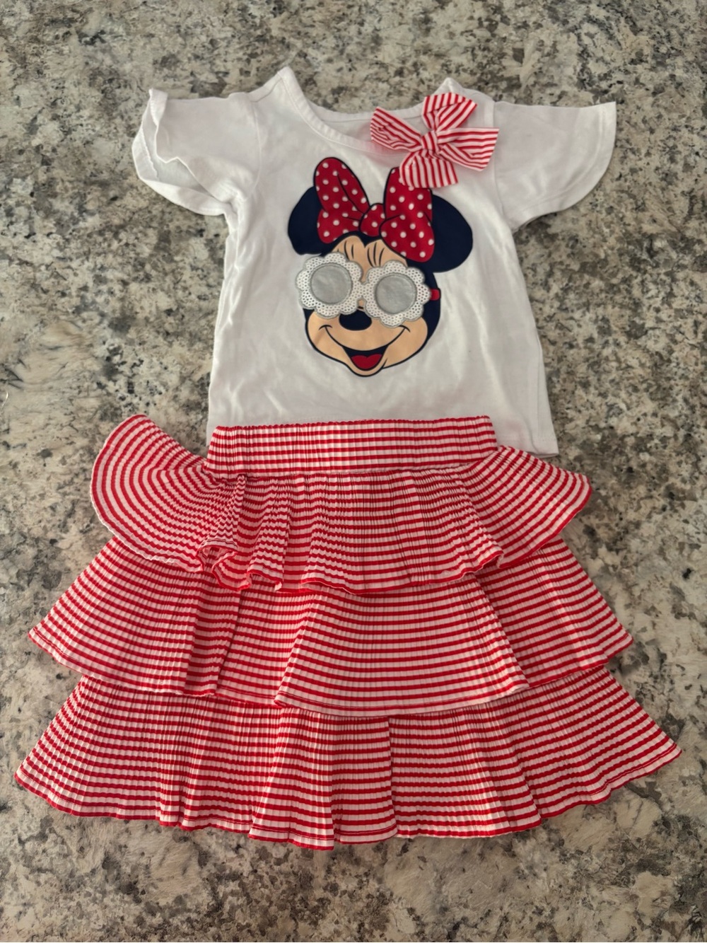 Disney White Tee with Minnie Graphic and Red Striped Ruffle Skirt